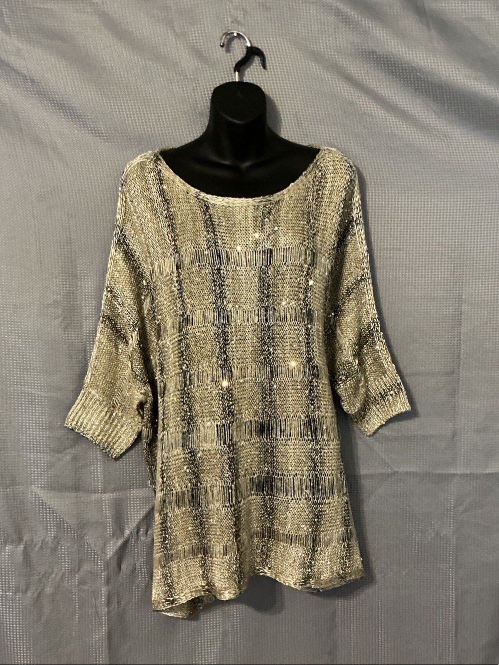 Chico's Metallic Knit Scoop Neck Top - Silver and Black